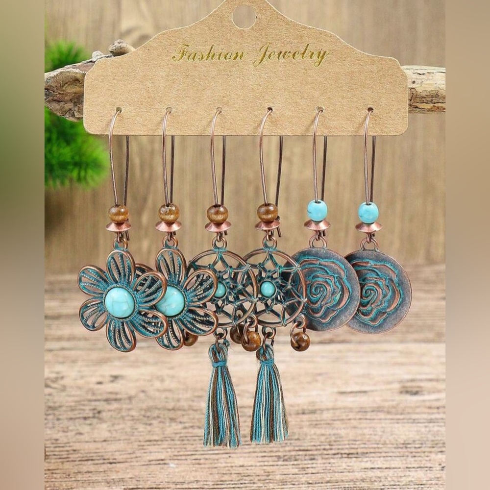 🌹 3 Pairs of Bohemian Bronze Earrings
